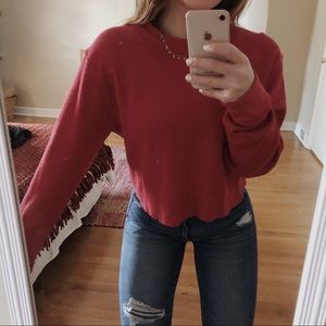 red thermal waffle polo crop long sleeve